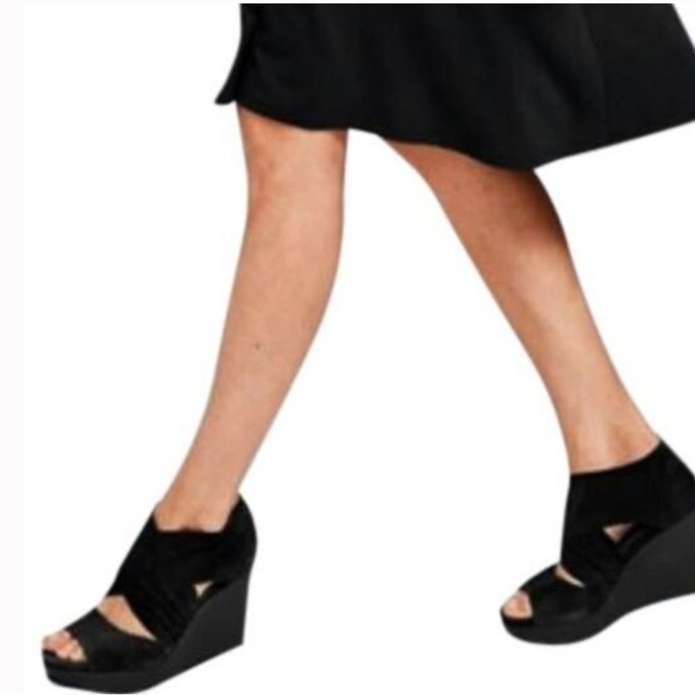 Eileen Fisher Black Draw Suede and Leather Wedges Heel Shoes Size 7.5